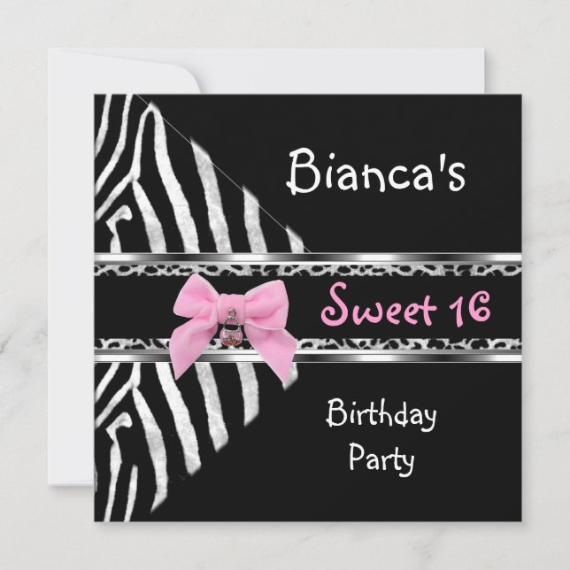 Invitation Sweet 16 Argent rose noir zèbre léopard Anniversai (Devant)