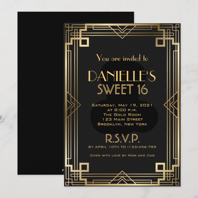 Invitation Sweet 16 Art Déco inspirée du Gatsby le (Devant / Derrière)
