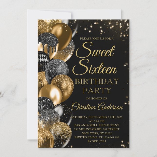 Invitation Sweet 16 Ballons de Parties scintillant or Glam fê (Devant)