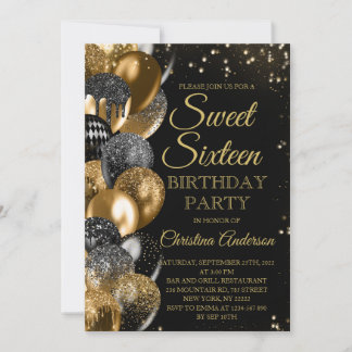 Invitation Sweet 16 Ballons de Parties scintillant or Glam fê