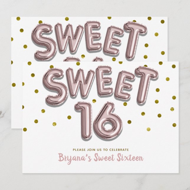Invitation Sweet 16 Ballons Rose Gold Dots Party N'IMPORTE QU (Devant / Derrière)