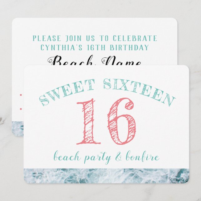Invitation Sweet 16 Beach Party (Devant / Derrière)