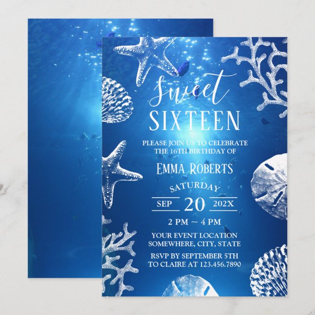 Invitation Sweet 16 Beach Starfish Seashells Sous l'eau (Devant / Derrière)
