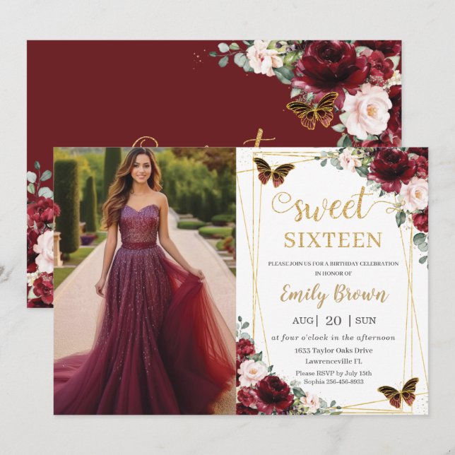 Invitation Sweet 16 Birthday Burgundy Blush Floral Butterfly  (Devant / Derrière)
