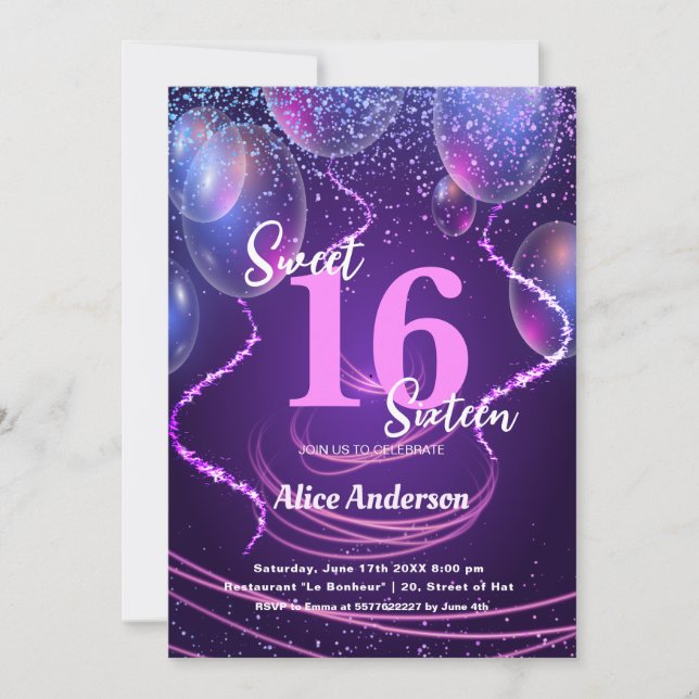 Invitation Sweet 16 Birthday Girly Glam Balloons (Devant)