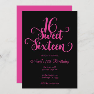 Invitation Sweet 16 Black & Hot Rose fête d'anniversaire 