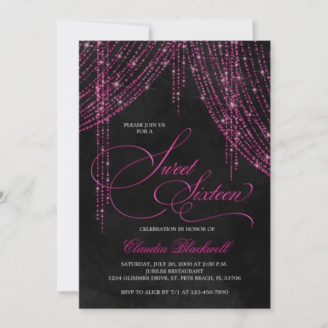 Invitation Sweet 16 Black Hot rose Parties scintillant Annive (Devant)