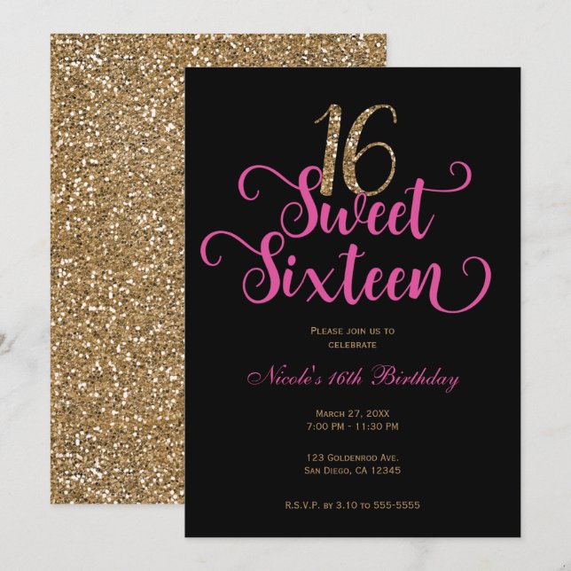 Invitation Sweet 16 Black Hot rose Parties scintillant or Ann (Devant / Derrière)