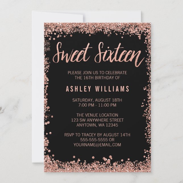 Invitation Sweet 16 Black Rose Gold Faux Parties scintillant  (Devant)
