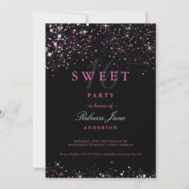 Invitation Sweet 16 Black Rose Parties scintillant Étincelle  (Devant)