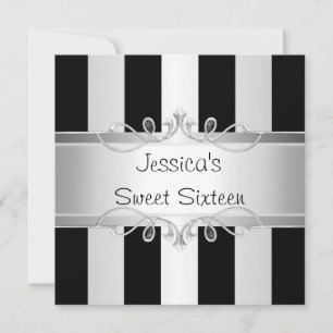 Invitation Sweet 16 Black & Silver Stripe Jewel Party
