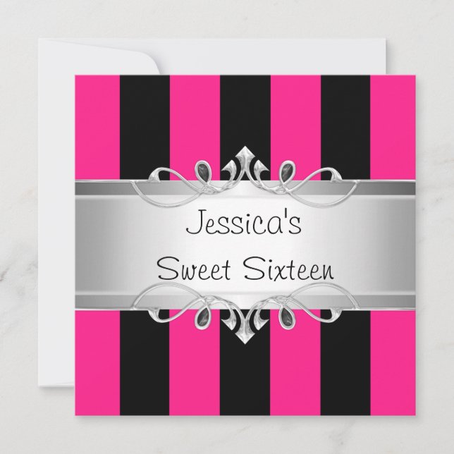 Invitation Sweet 16 Black Stripes Silver Jewel Party (Devant)
