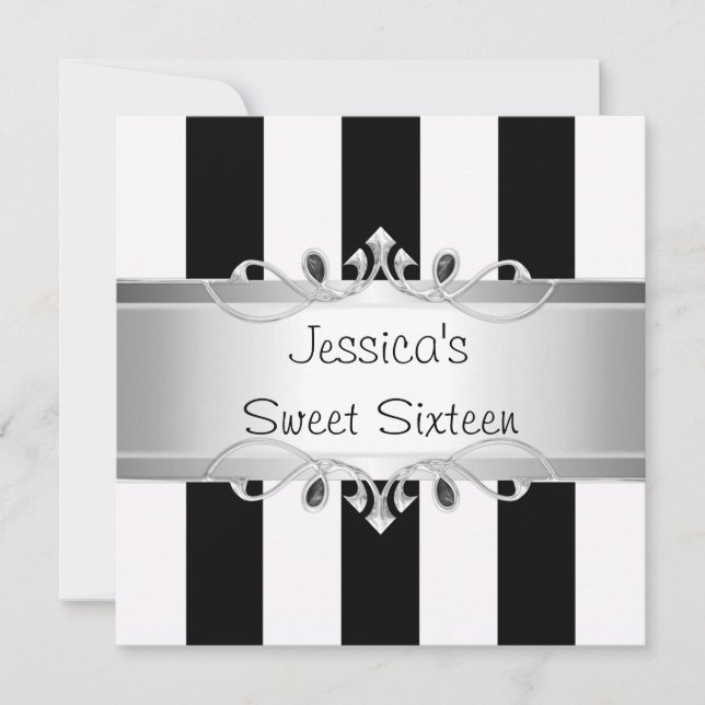 Invitation Sweet 16 Black & White Stripes Silver Jewel Party (Devant)