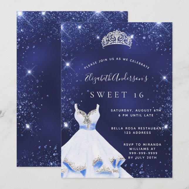Invitation Sweet 16 bleu marine parties scintillant robe tiar (Devant / Derrière)