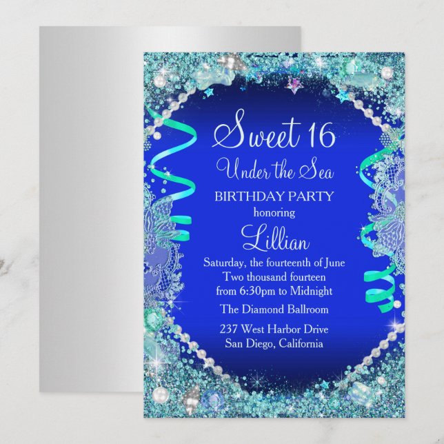 Invitation Sweet 16 Bleu sous l'Océan (Devant / Derrière)