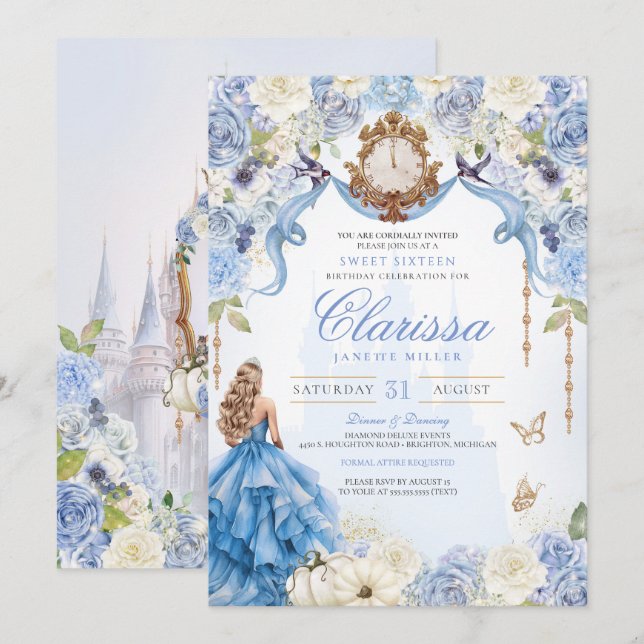 Invitation Sweet 16 Blue Royal Princess (V2) Élégant (Devant / Derrière)