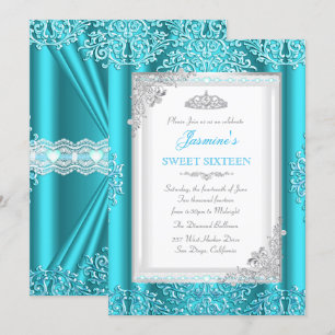 Invitation Sweet 16 Blue Turquoise dentelle argentée Damask T
