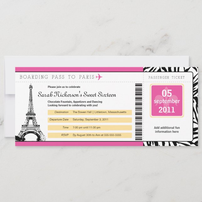 Invitation Sweet 16 Boarding Pass à Paris (Devant)