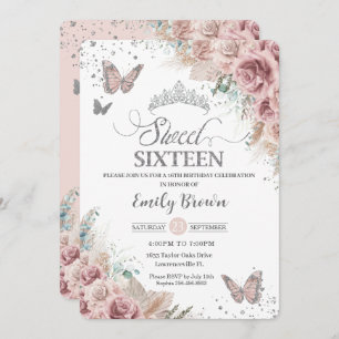 Invitation Sweet 16 Boho Blush Dusty Rose Floral Pampas Grass