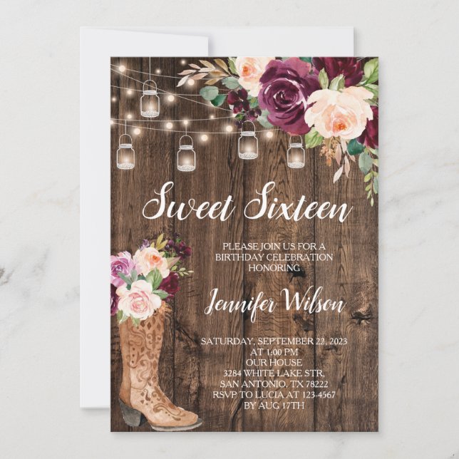 Invitation Sweet 16 Boho Rustique Floral Lights Invitati (Devant)