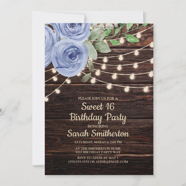 Invitation Sweet 16 Bois Rustique Chaîne Lumières Floral Bleu (Devant)