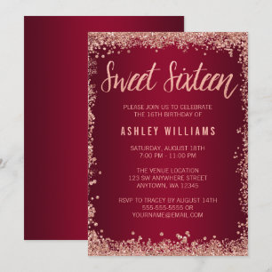 Invitation Sweet 16 Bourgogne Rose Gold Faux Parties scintill