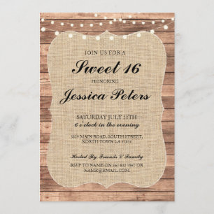 Invitation Sweet 16 Burlap éclaire l'invitation au bois rusti