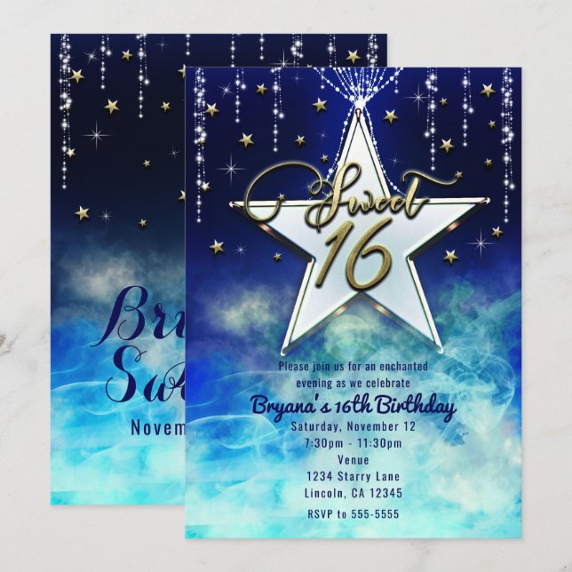 Invitation Sweet 16 Celestial Clouds & Gold Stars Party (Devant / Derrière)