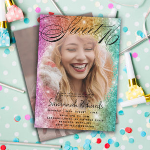 Invitation Sweet 16 coloré arc-en-ciel Parties scintillant et
