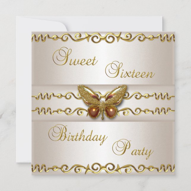 Invitation Sweet 16 Crème blanche Perle d'or Bijou de papillo (Devant)