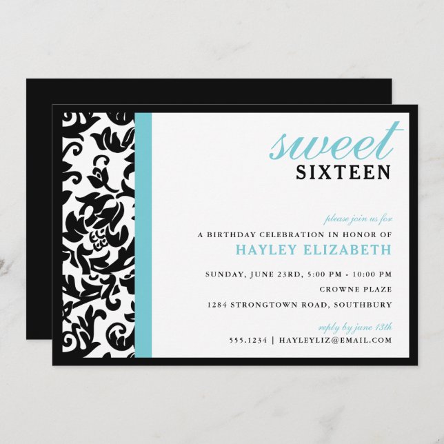 Invitation Sweet 16 Damas moderne avec bordure, bleu (Devant / Derrière)