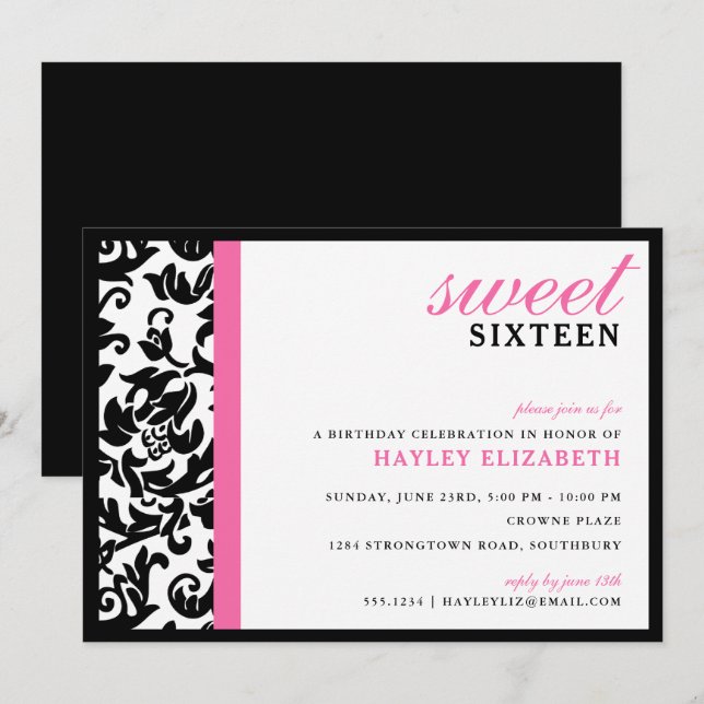 Invitation Sweet 16 Damas moderne avec bordure, rose vif (Devant / Derrière)