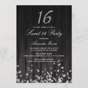 Invitation Sweet 16 diamant noir étincelle argent