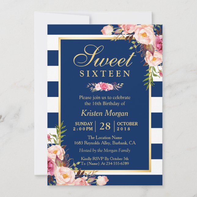 Invitation Sweet 16 Elégant rose floral marine Bleu raypes (Devant)