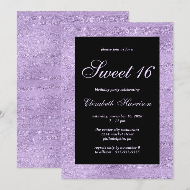 Invitation Sweet 16 Élégante Purple Shimmer fête d'anniversai (Devant / Derrière)