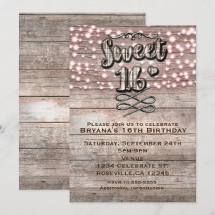Invitation SWEET 16 en bois rustique patiné & lumi