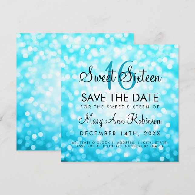 Invitation Sweet 16 Enregistrer La Date Turquoise Parties sci (Devant / Derrière)