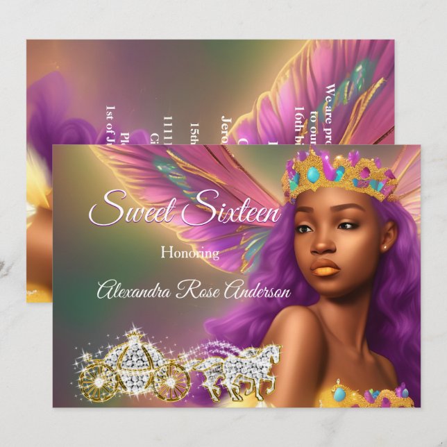 Invitation Sweet 16 Fairytale Purple Pink Gold Carriage (Devant / Derrière)