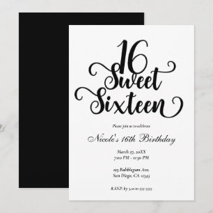 Invitation Sweet 16 fête d'anniversaire blanche et noire  