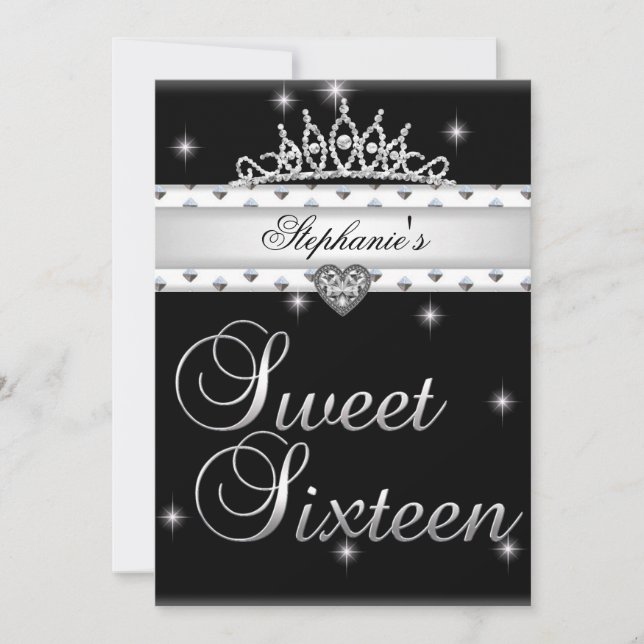 Invitation Sweet 16 fête d'anniversaire Noir Blanc Tiara Pers (Devant)