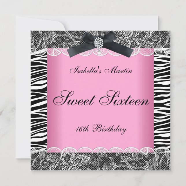 Invitation Sweet 16 fête d'anniversaire rose noir blanc Zèbre (Devant)