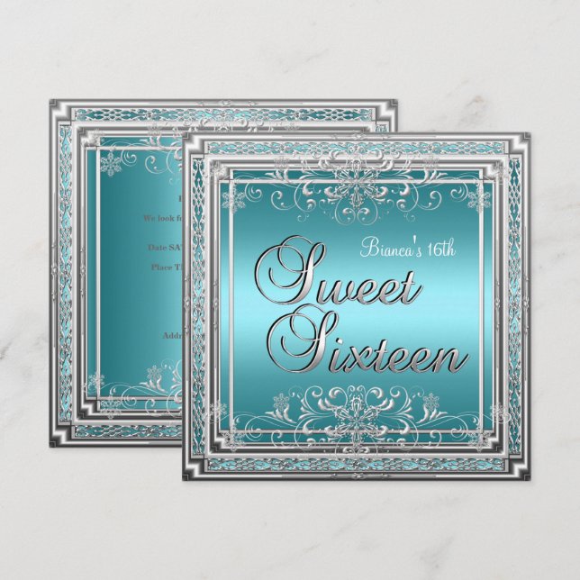 Invitation Sweet 16 fête d'anniversaire Turquoise bleu argent (Devant / Derrière)