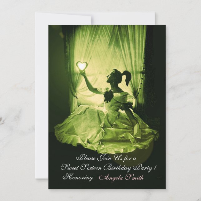 INVITATION SWEET 16 FÊTE, JAUNE VERT BLACK DAMASK (Devant)