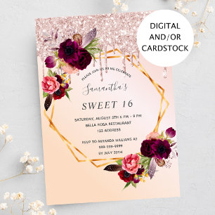 Invitation Sweet 16 fêtes florales bordeaux rose parties scin