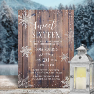Invitation Sweet 16 fêtes Rustique Snowflakes hiver Grange Bo