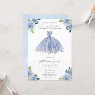 Invitation Sweet 16 Feuille d'Argent Robe Bleu Pou