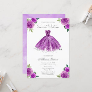 Invitation Sweet 16 Feuille d'Argent Robe Violette