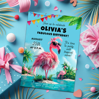 Invitation Sweet 16 Flamants roses Pool Party Anniversaire Ba