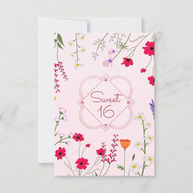 Invitation Sweet 16 Fleur sauvage rose fête d'anniversaire (Devant)