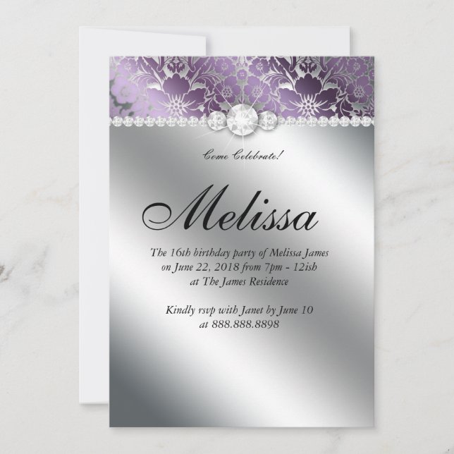 Invitation Sweet 16 Fleurie Damassé Violet Argent (Devant)